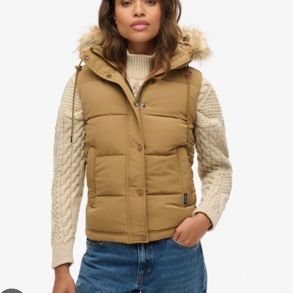 INC Muted Gold Removable Hood DOWN FEATHER Puffer Vest with Faux Fur Trim